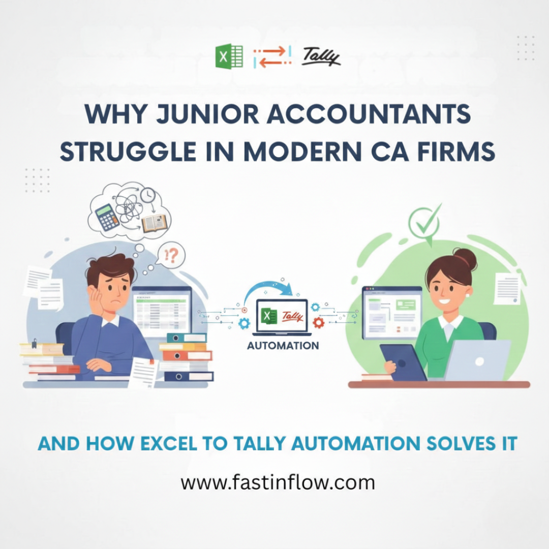 Illustration showing a stressed junior accountant handling manual Excel work on one side and a confident accountant using Excel to Tally automation on the other, highlighting how automation improves efficiency in modern CA firms.