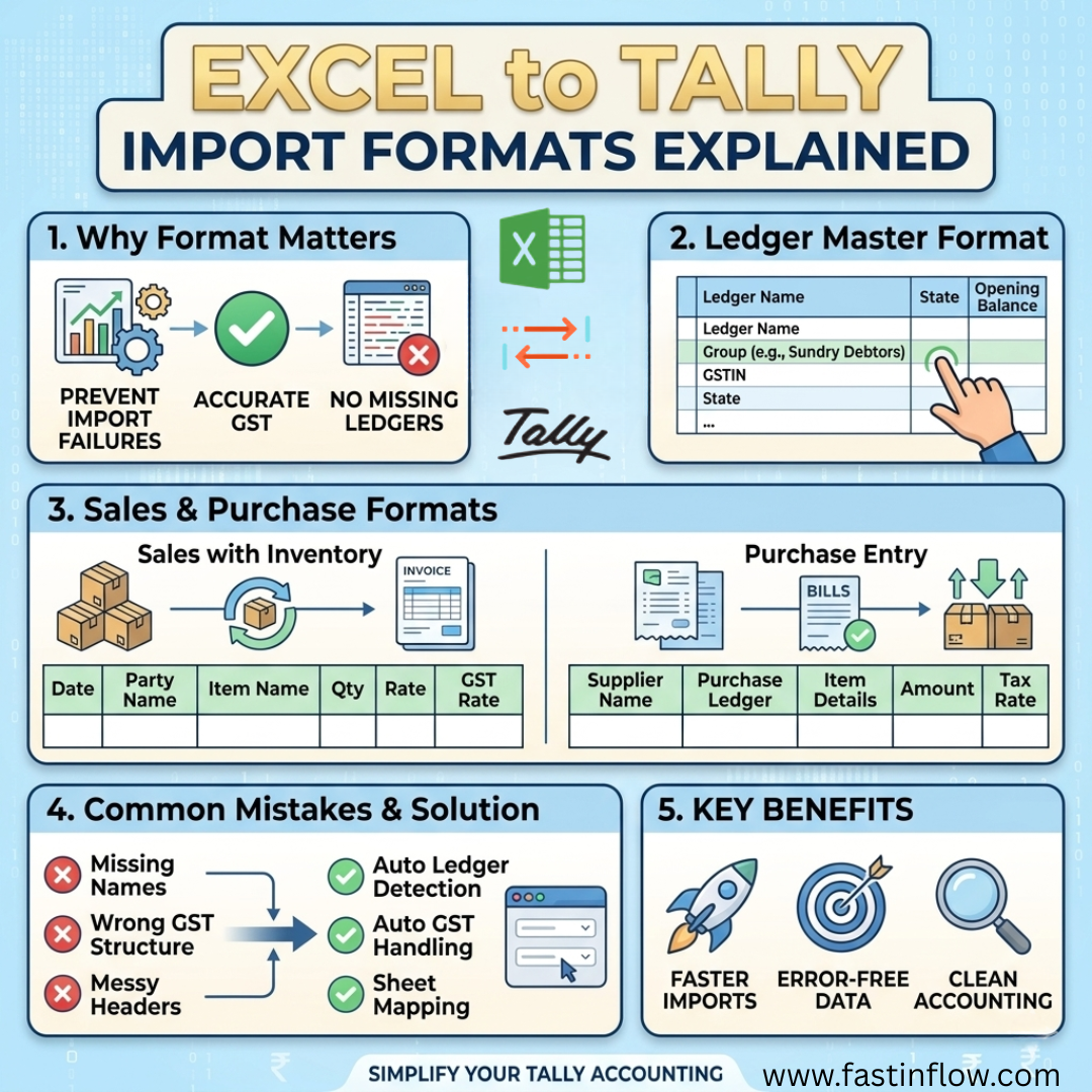 Excel to Tally Import Formats Explained: Ledger, Sales, Purchase & GST (With Examples)