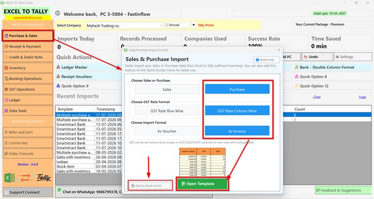 Adding the GSTR-2A template to Quick Actions for faster access