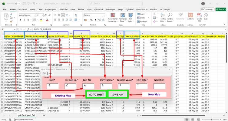 Reopening a saved GSTR-2A mapping with the Go to Sheet option