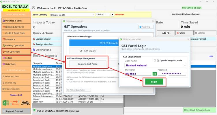 Logging in to the GST portal from inside Fastinflow