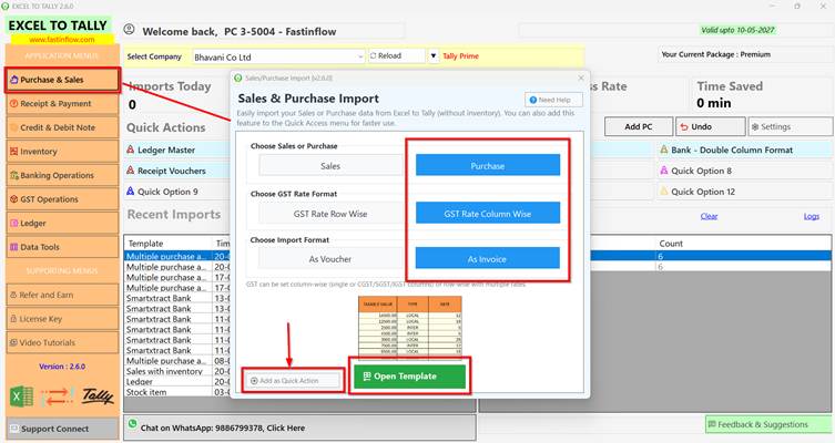 Opening the GSTR-2B template from the Fastinflow dashboard