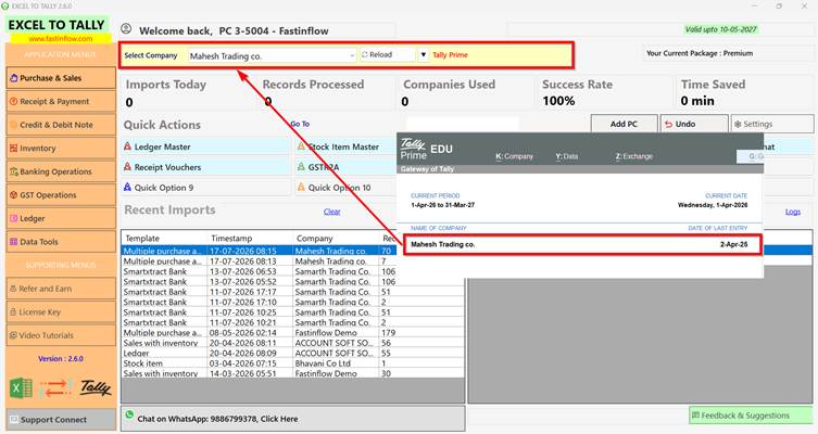 Verifying the correct Tally company is connected in Fastinflow