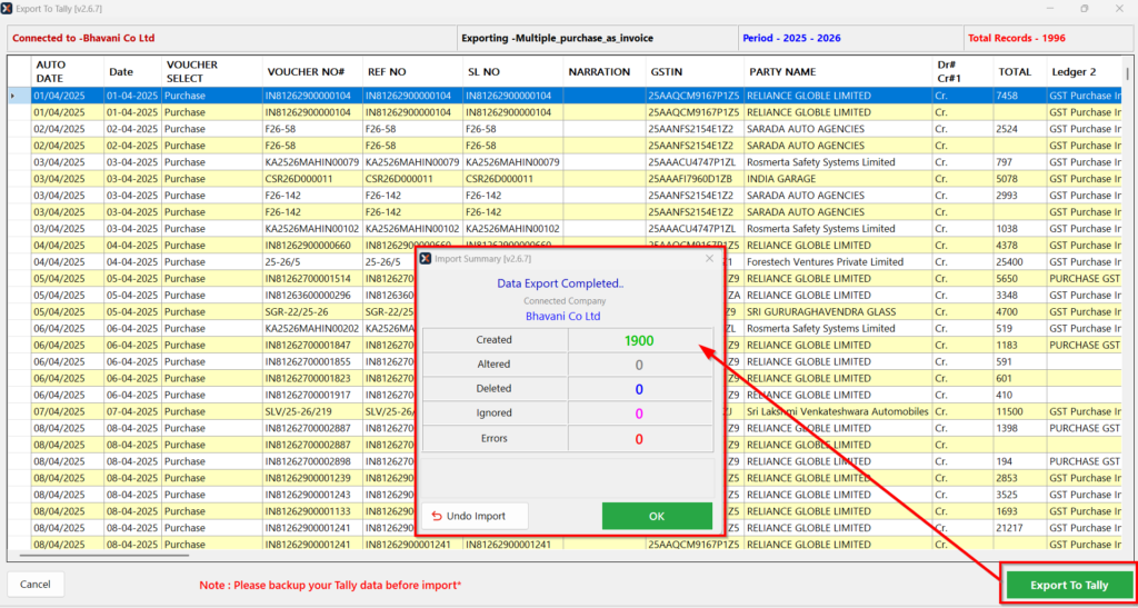 Purchase entries imported into Tally with a 100% success rate
