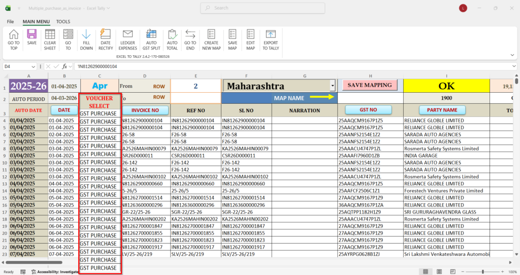 Selecting the voucher type applied to all imported entries